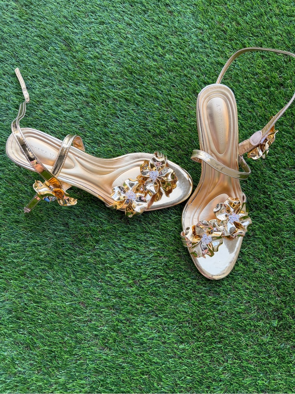 Gold Metallic Floral-Accent Heels - Picture 2 of 3